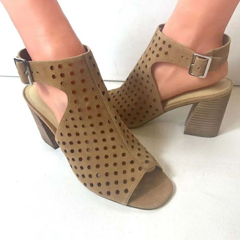 Marc Fisher Womens 9M Tan Leather Open Toe Sling Back High Heel Wrap Sandals New